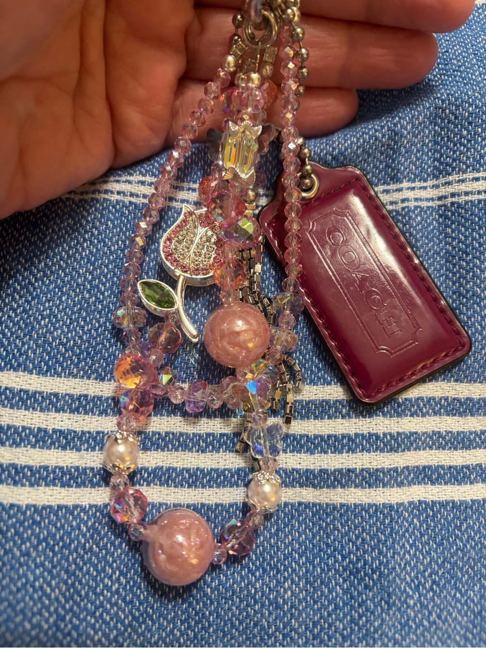 Coach hangtag with Pink and Burgundy Crystal Beaded Bag Charm with Tulip Accent - Picture 3 of 9